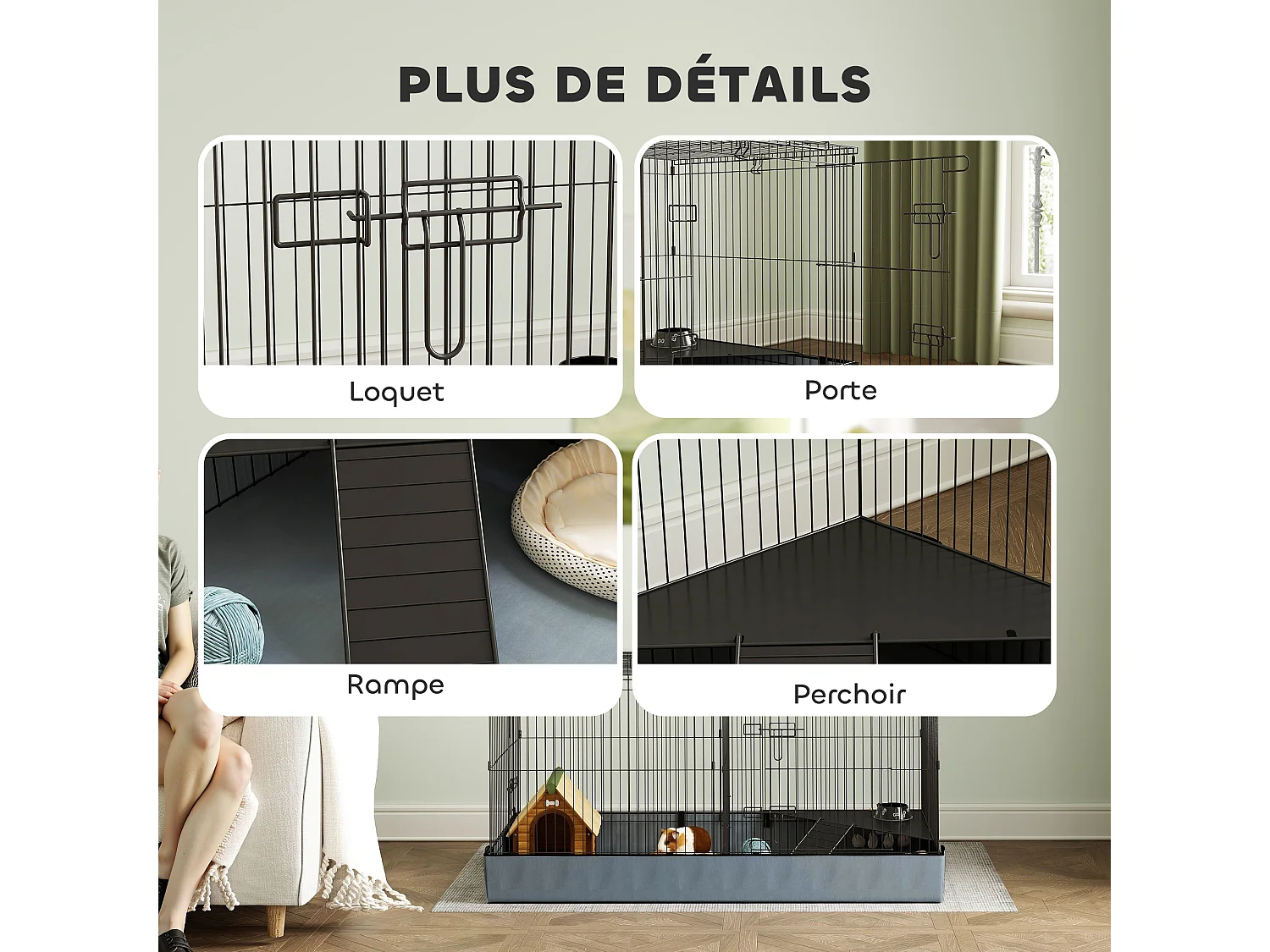 Cage pour cochon d'inde avec séparation 2 zones - plateforme observation, rampe, portes - acier noir PVC tissu gris