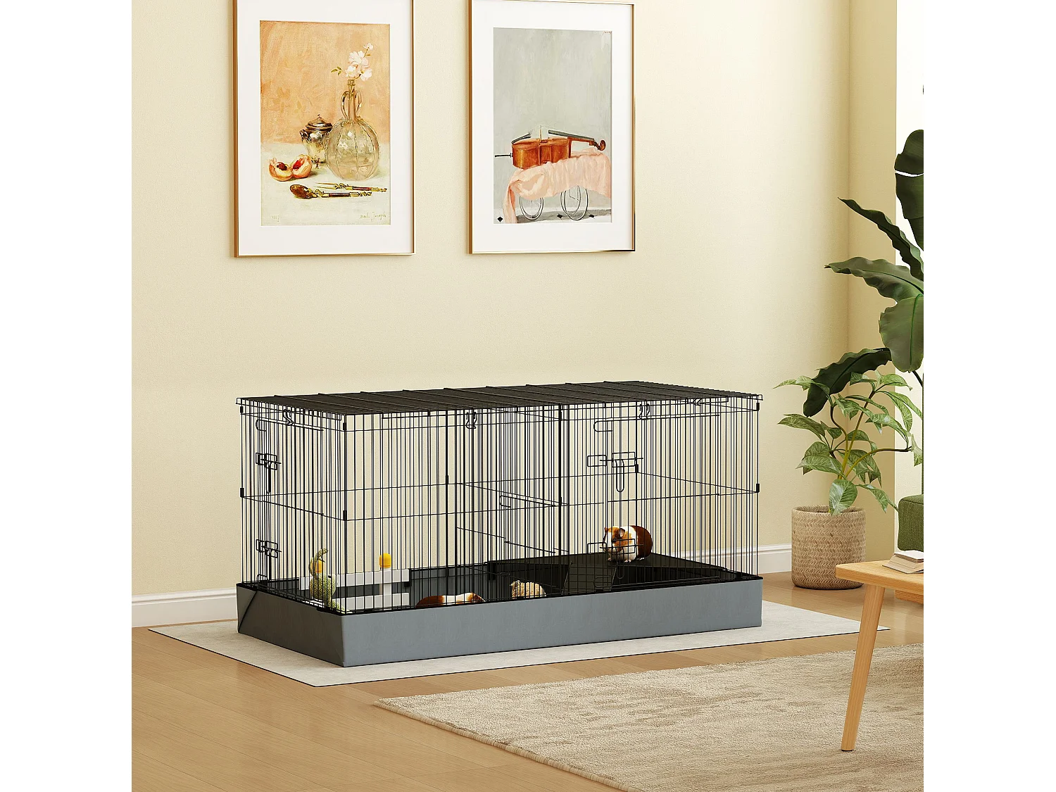Cage pour cochon d'inde avec séparation 2 zones - plateforme observation, rampe, portes - acier noir PVC tissu gris