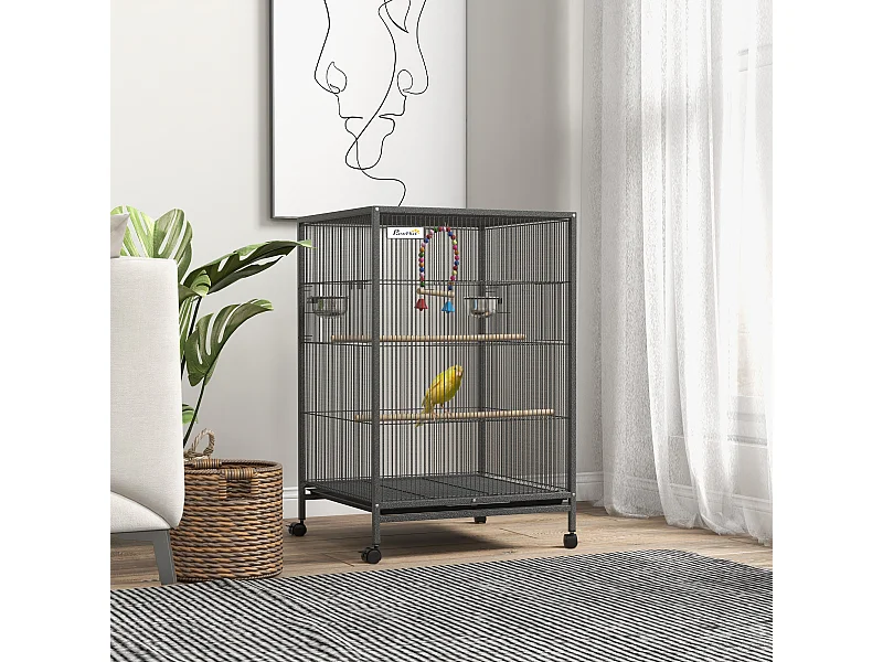Cage à oiseaux sur roulettes - volière mobile - nombreux accessoires - dim. 48x46x74cm - acier époxy gris noir