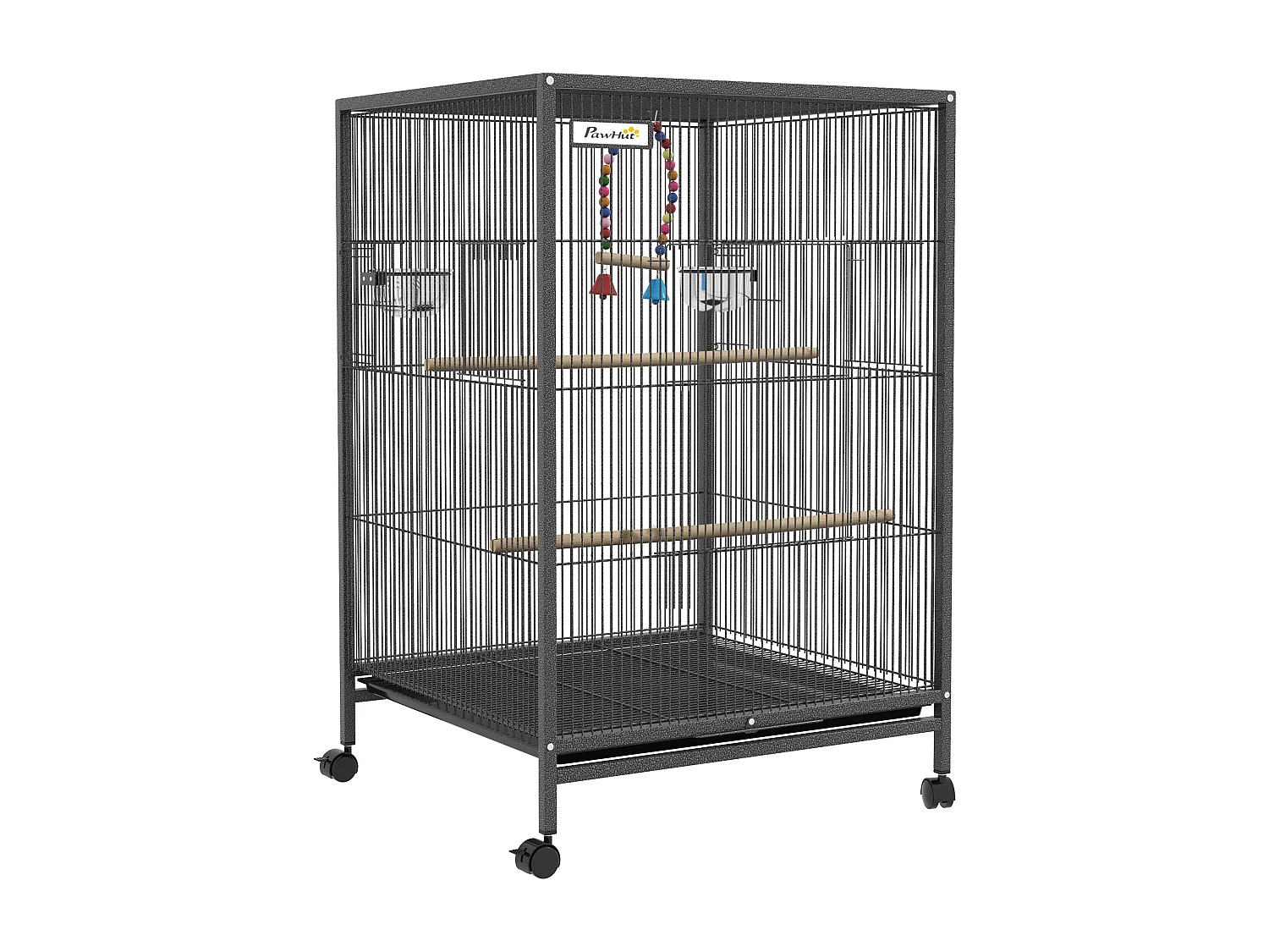 Cage à oiseaux sur roulettes - volière mobile - nombreux accessoires - dim. 48x46x74cm - acier époxy gris noir
