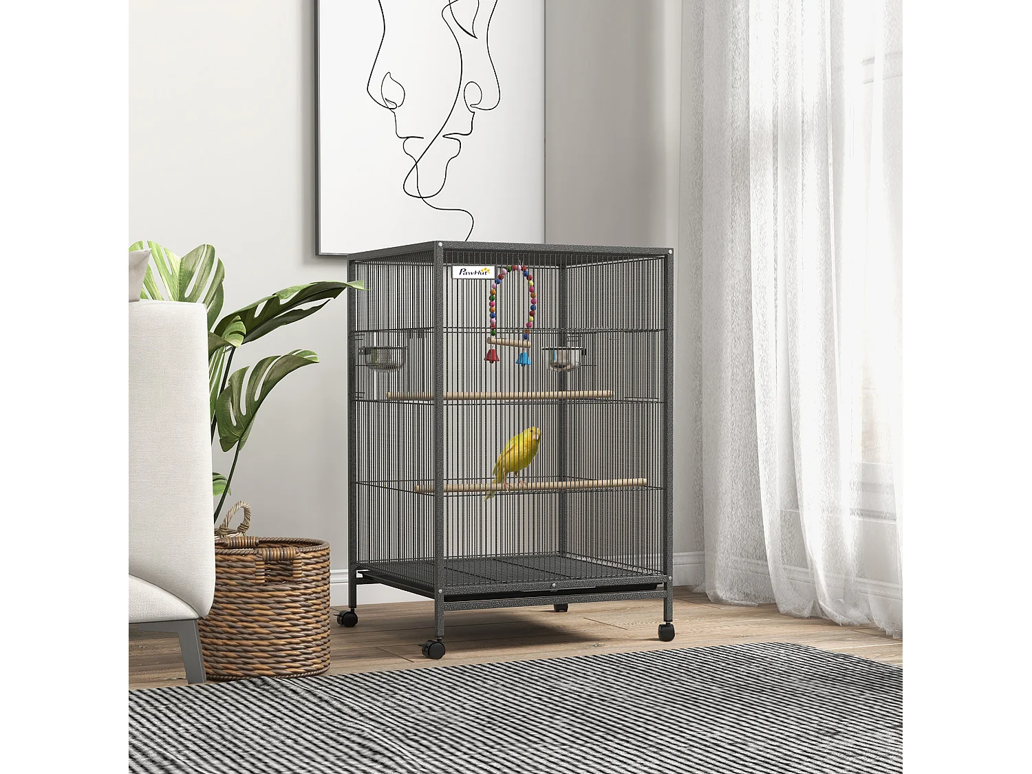Cage à oiseaux sur roulettes - volière mobile - nombreux accessoires - dim. 48x46x74cm - acier époxy gris noir