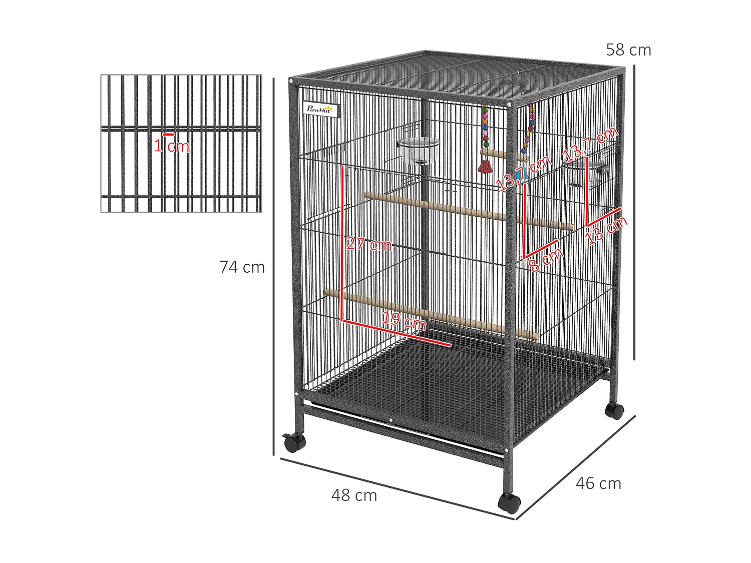 Cage à oiseaux sur roulettes - volière mobile - nombreux accessoires - dim. 48x46x74cm - acier époxy gris noir