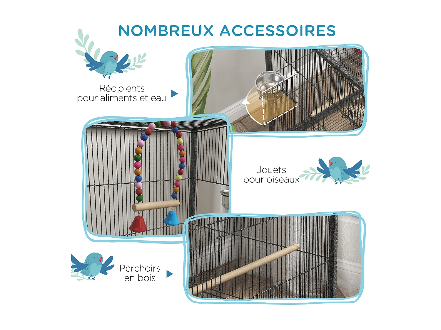 Cage à oiseaux sur roulettes - volière mobile - nombreux accessoires - dim. 48x46x74cm - acier époxy gris noir