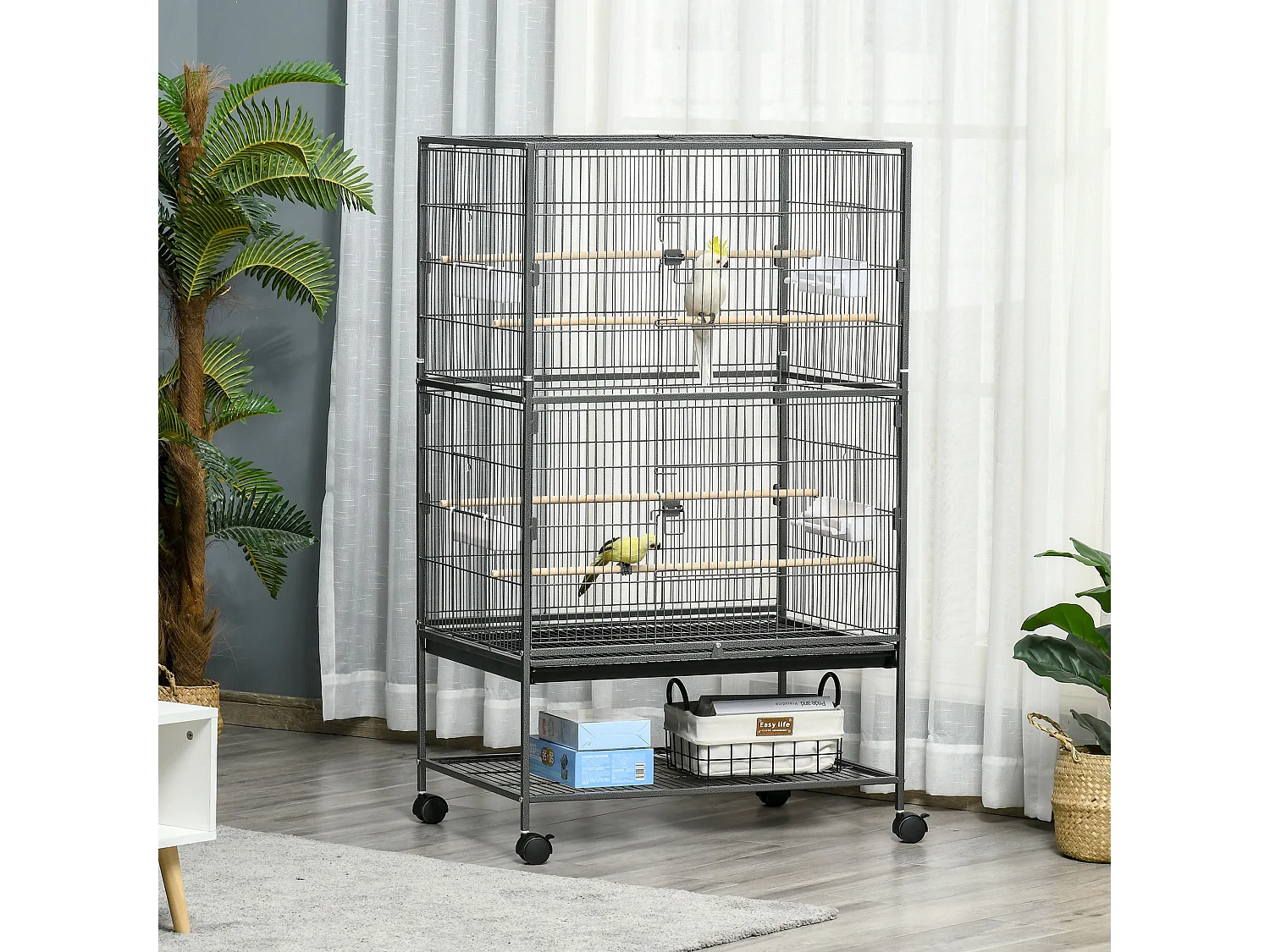 Cage oiseau mobile dim. 78x52x132cm - 4 perchoirs, mangeoires, plateau déjection, étagère - acier époxy gris moucheté