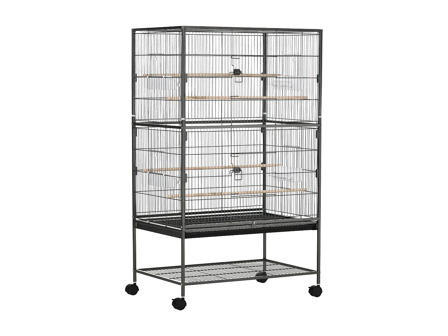 Cage oiseau mobile dim. 78x52x132cm - 4 perchoirs, mangeoires, plateau déjection, étagère - acier époxy gris moucheté