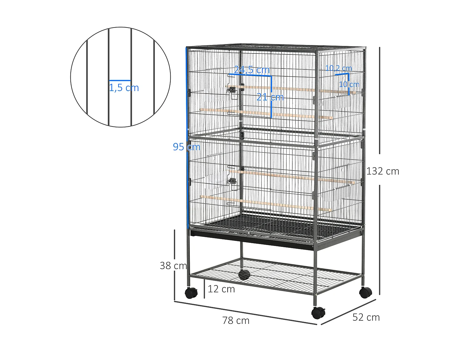 Cage oiseau mobile dim. 78x52x132cm - 4 perchoirs, mangeoires, plateau déjection, étagère - acier époxy gris moucheté