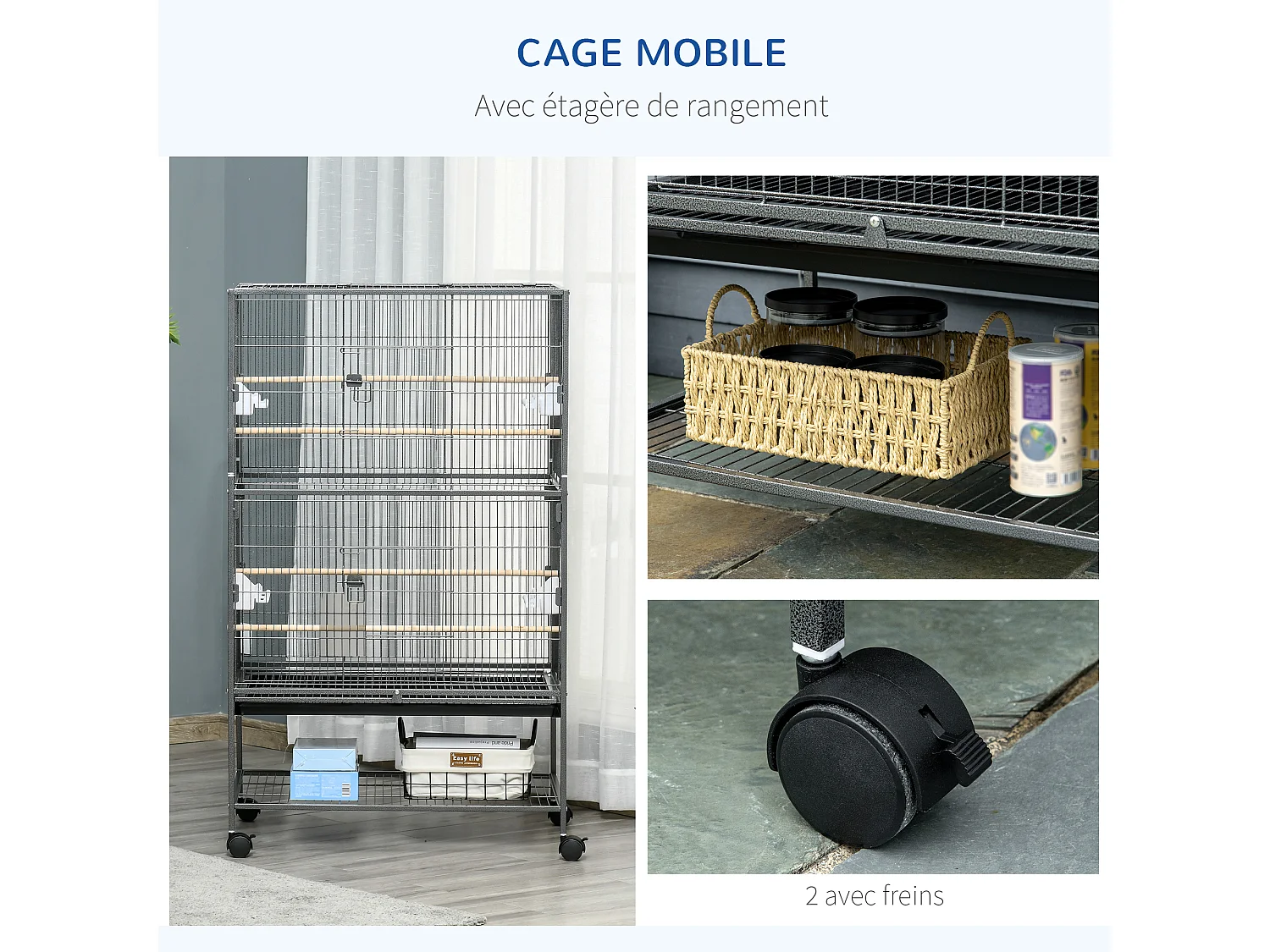 Cage oiseau mobile dim. 78x52x132cm - 4 perchoirs, mangeoires, plateau déjection, étagère - acier époxy gris moucheté