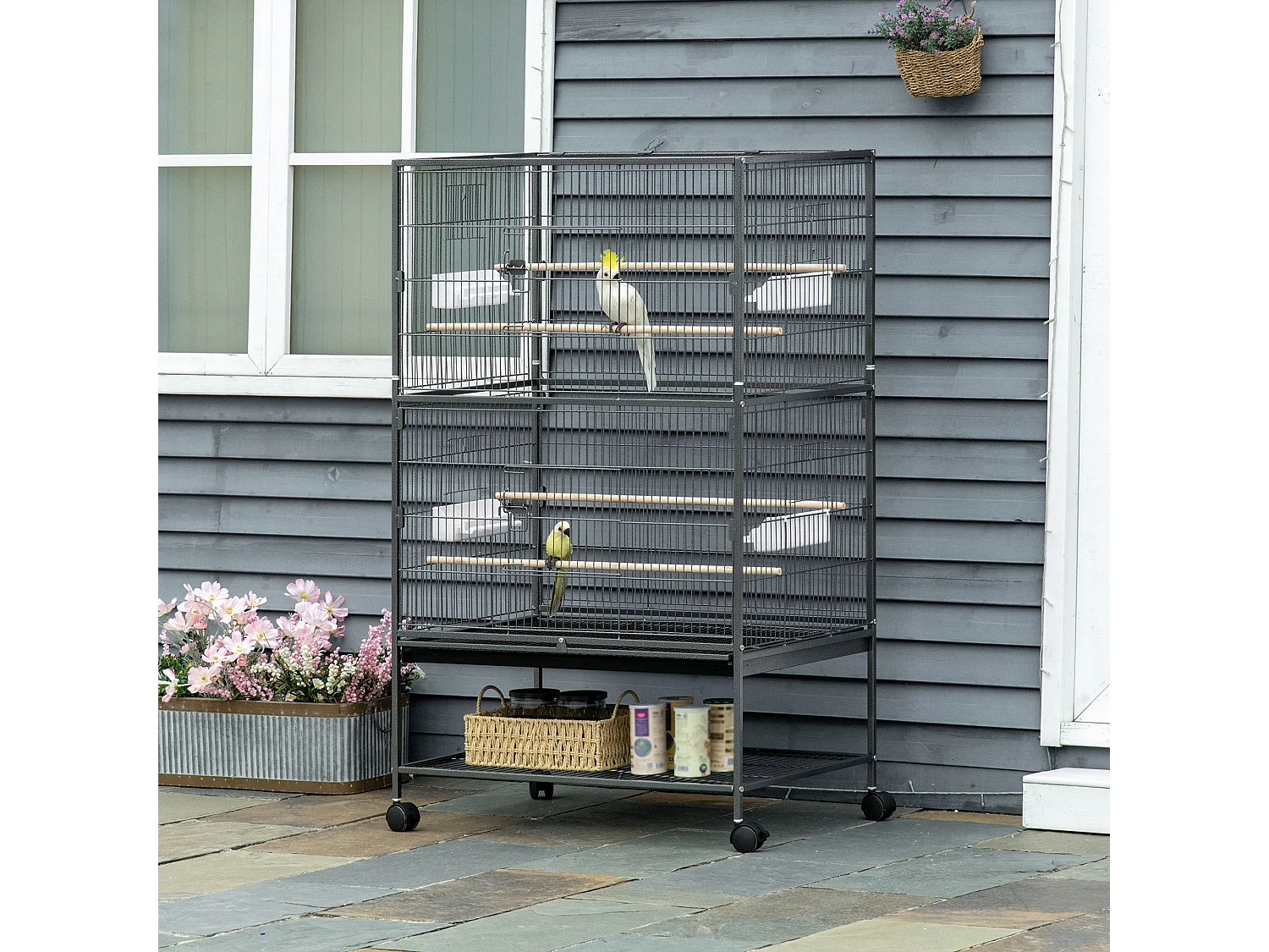 Cage oiseau mobile dim. 78x52x132cm - 4 perchoirs, mangeoires, plateau déjection, étagère - acier époxy gris moucheté