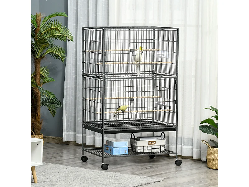 Cage oiseau mobile dim. 78x52x132cm - 4 perchoirs, mangeoires, plateau déjection, étagère - acier époxy gris moucheté