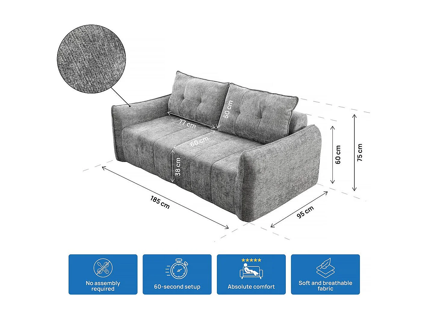 Canapé droit en tissu texturé "Silvano" - 3 places - Gris