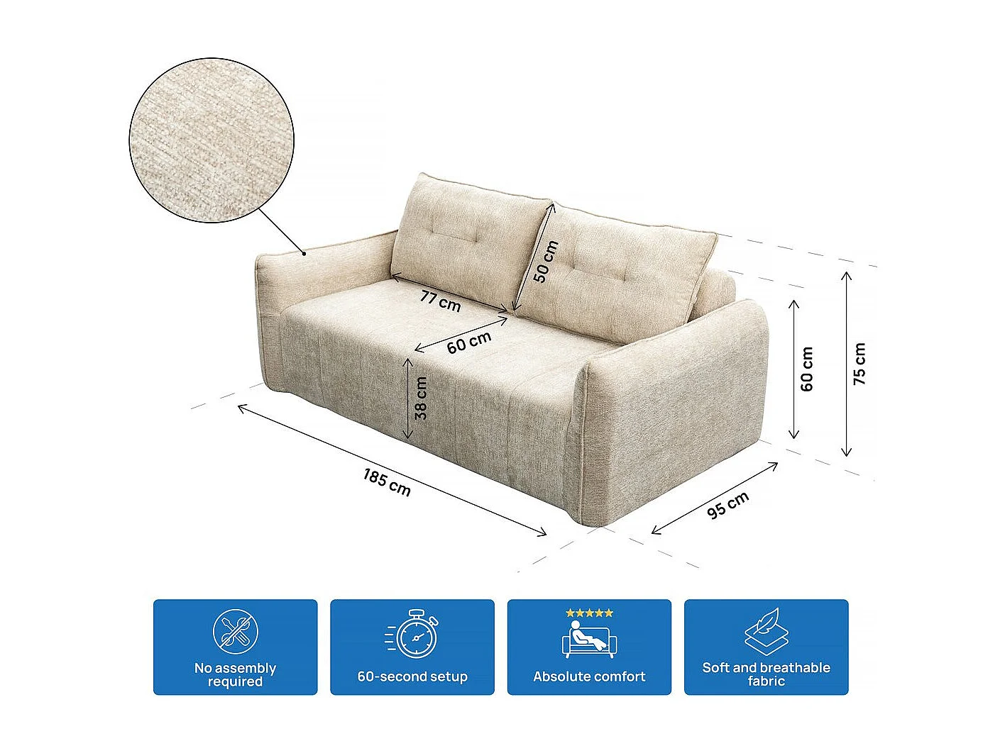 Canapé droit en tissu texturé "Silvano" - 3 places - Beige