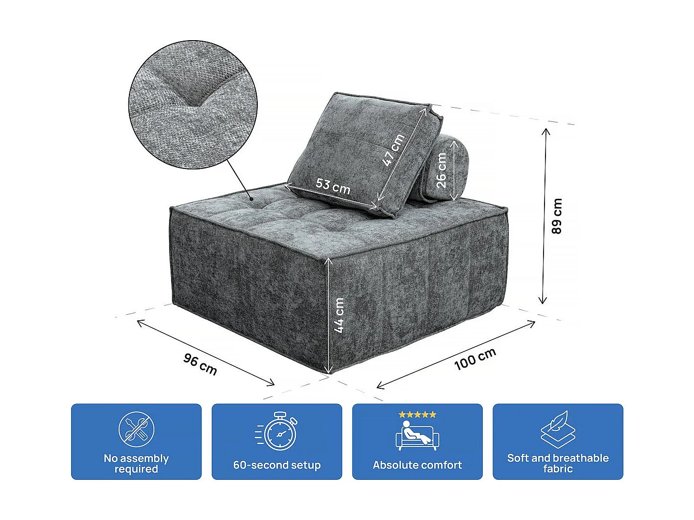 Chauffeuse en tissu texturé "Velluto" - 96 x 100 x 89 cm - Gris