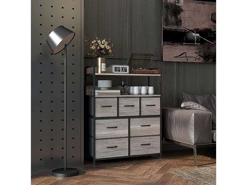 Commode style industriel - 7 tiroirs, 2 étagères - acier noir MDF non tissé effet bois gris