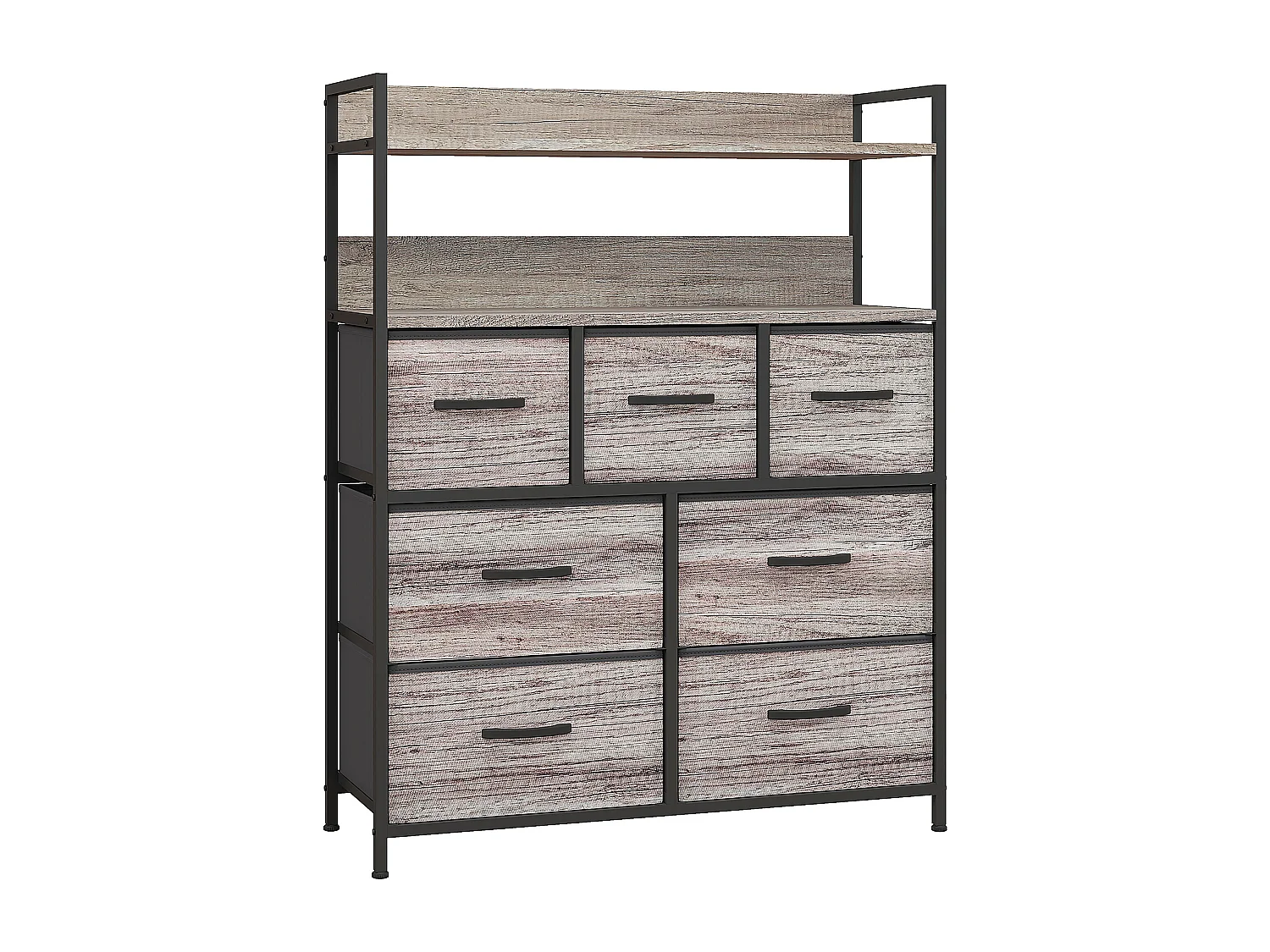 Commode style industriel - 7 tiroirs, 2 étagères - acier noir MDF non tissé effet bois gris