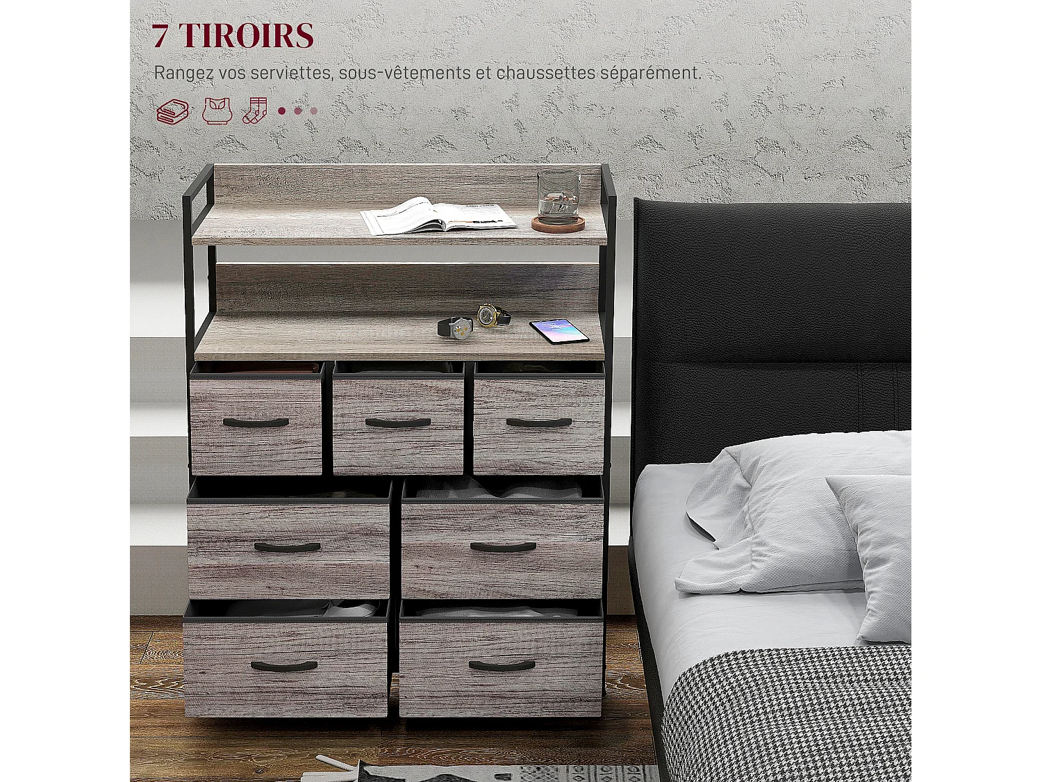 Commode style industriel - 7 tiroirs, 2 étagères - acier noir MDF non tissé effet bois gris