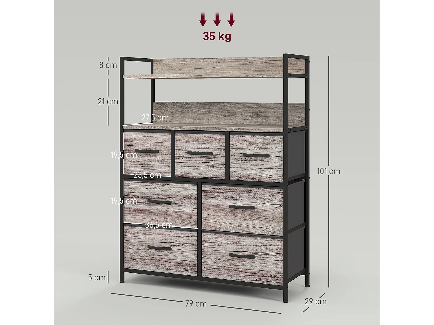 Commode style industriel - 7 tiroirs, 2 étagères - acier noir MDF non tissé effet bois gris