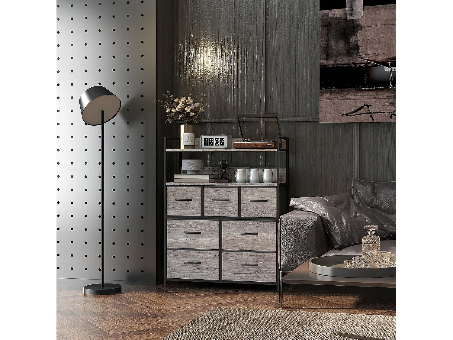 Commode style industriel - 7 tiroirs, 2 étagères - acier noir MDF non tissé effet bois gris