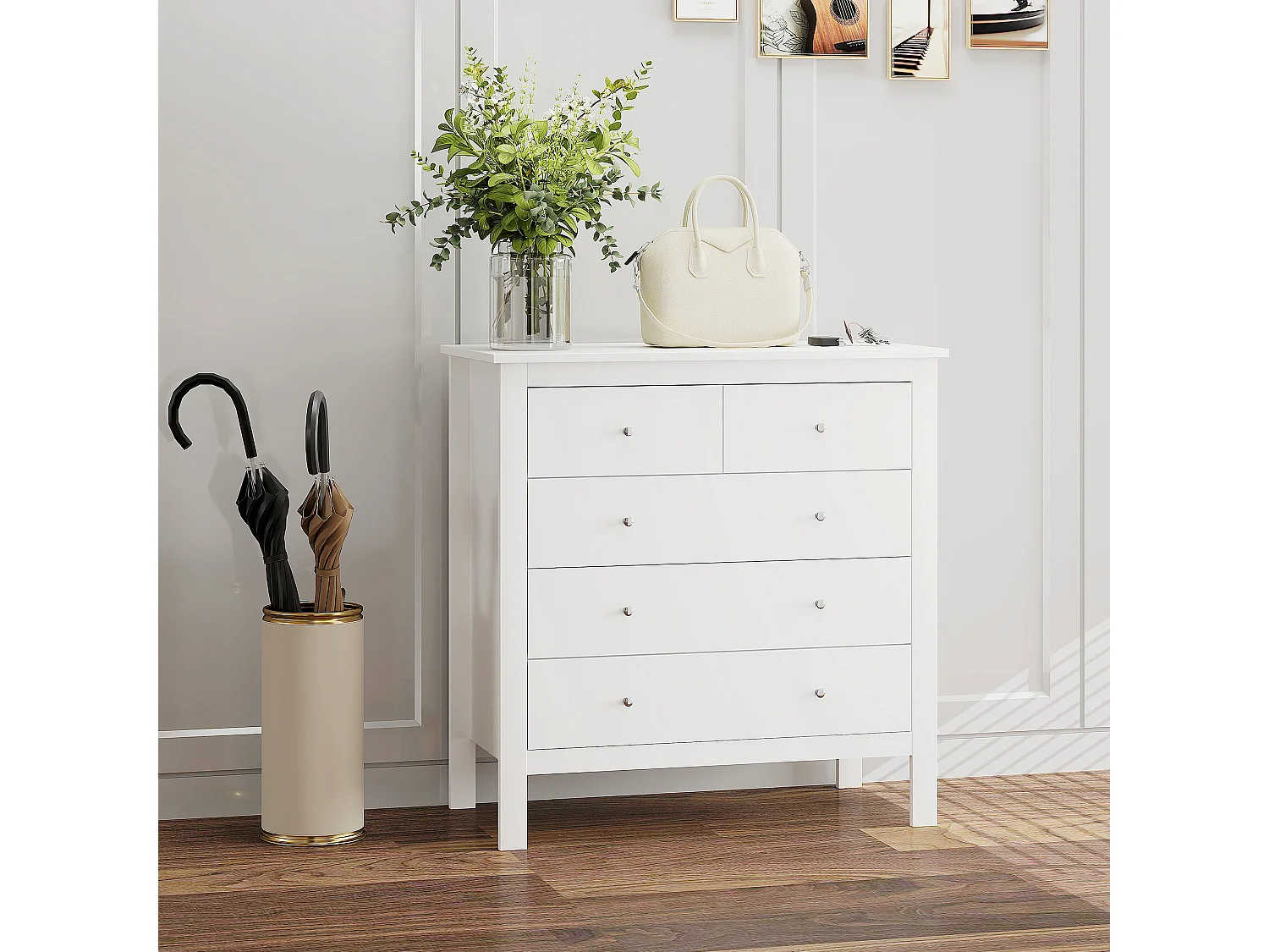 Commode 5 tiroirs style contemporain dim. 79 x 39,5 x 80,5 cm poignées boutons métal MDF blanc