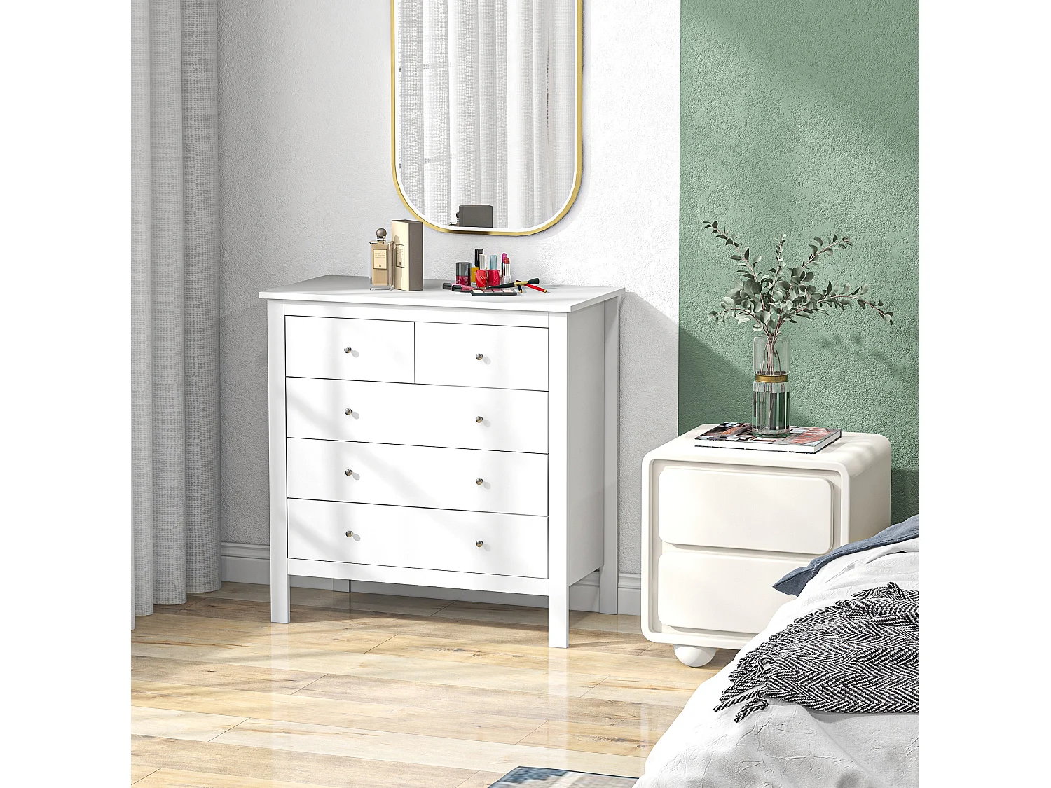 Commode 5 tiroirs style contemporain dim. 79 x 39,5 x 80,5 cm poignées boutons métal MDF blanc