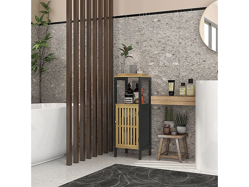 Meuble bas salle de bain - porte, 3 étagères - MDF noir bambou verni