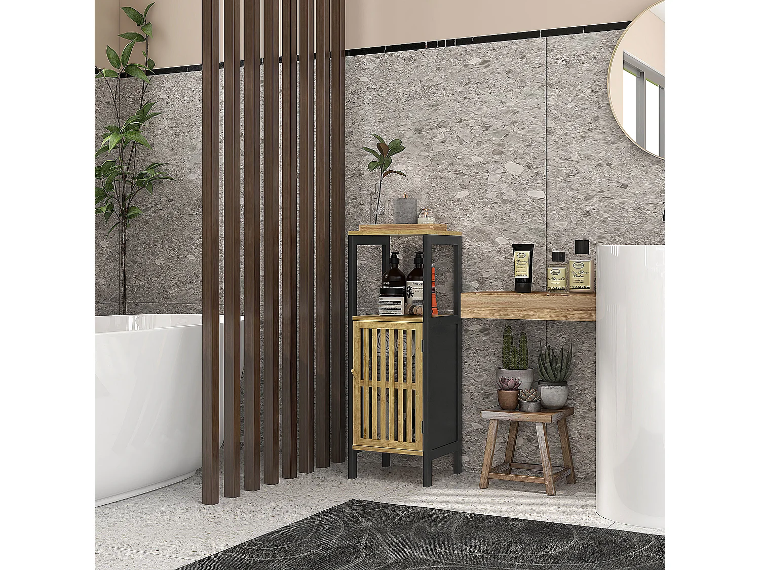Meuble bas salle de bain - porte, 3 étagères - MDF noir bambou verni