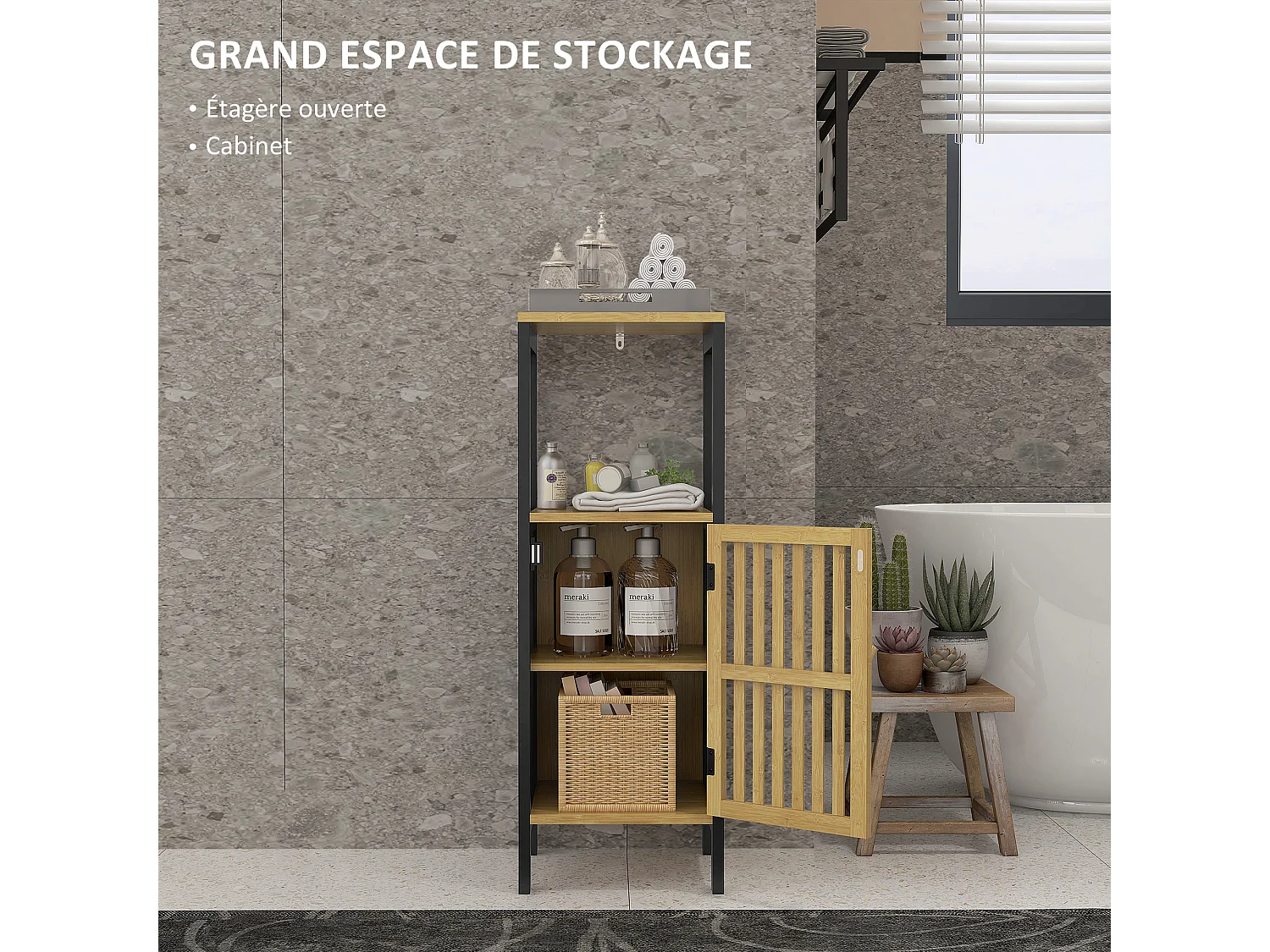 Meuble bas salle de bain - porte, 3 étagères - MDF noir bambou verni
