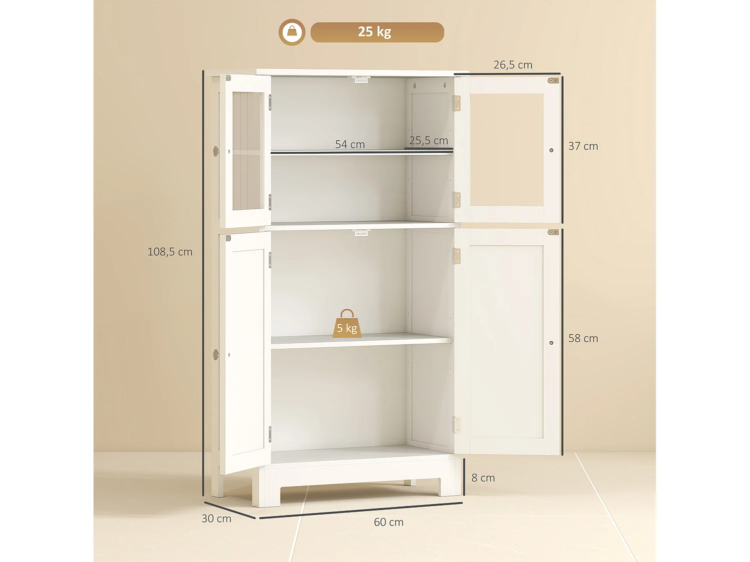 Meuble bas salle de bain sur pied 4 portes 2 étagères verre trempé MDF blanc