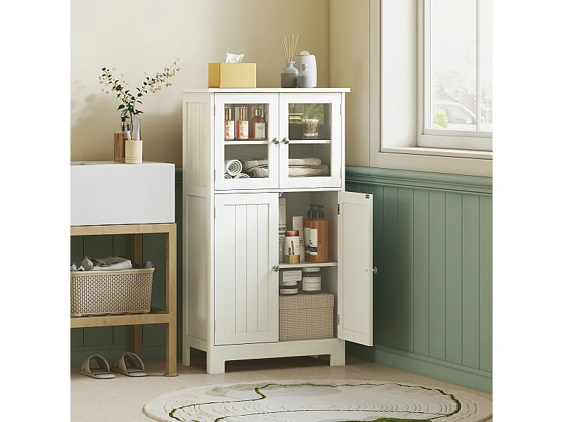 Meuble bas salle de bain sur pied 4 portes 2 étagères verre trempé MDF blanc