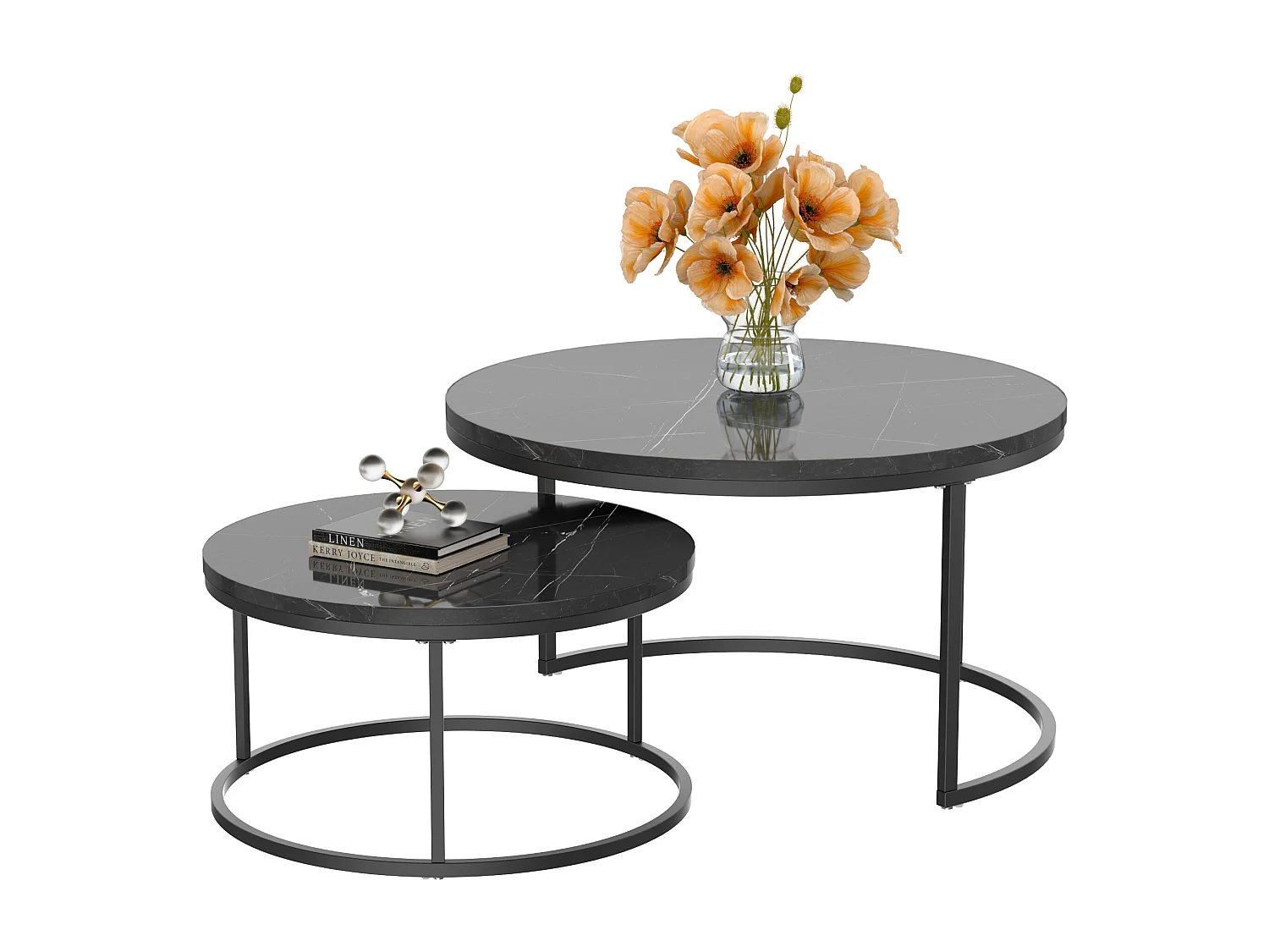 Tables basses gigognes ２ pièces au design élégant avec cadre en métal solide et plateau MDF facile à nettoyer