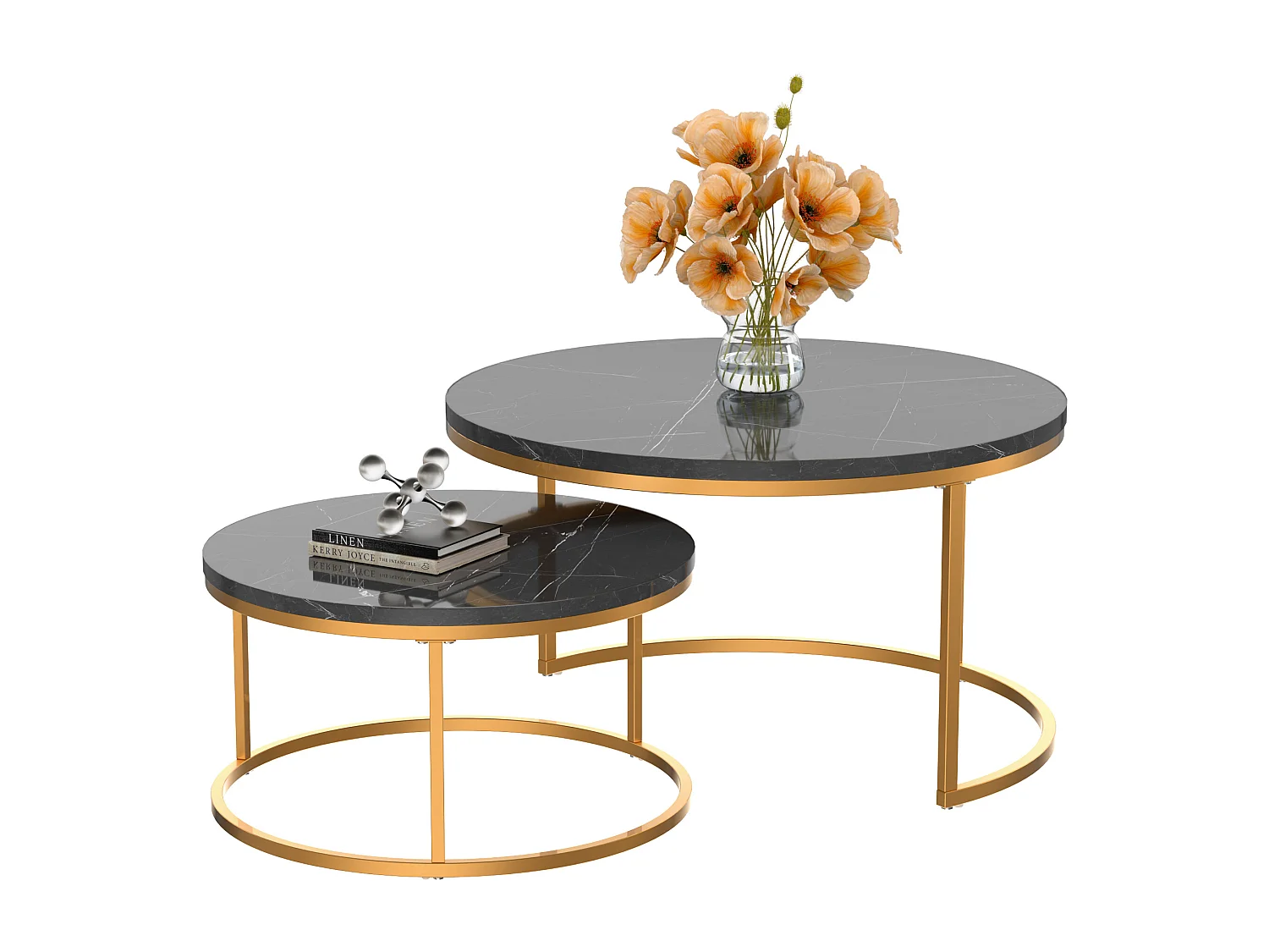 Tables basses gigognes ２ pièces au design élégant avec cadre en métal solide et plateau MDF facile à nettoyer