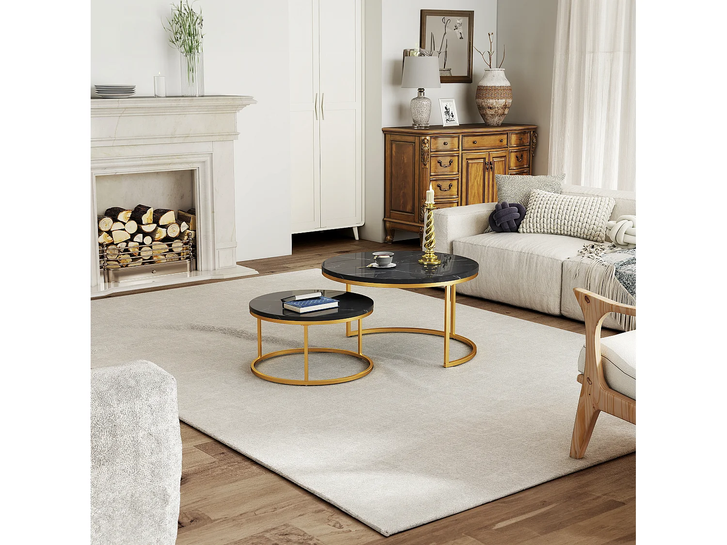 Tables basses gigognes ２ pièces au design élégant avec cadre en métal solide et plateau MDF facile à nettoyer