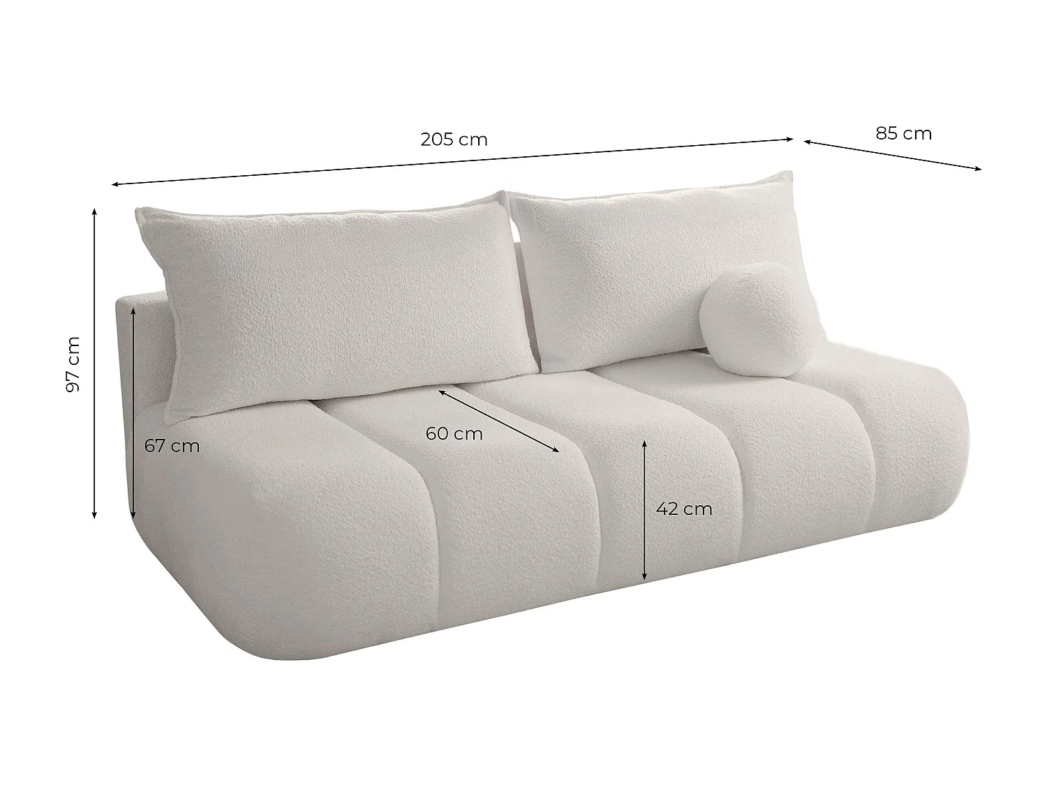 Canapé convertible droit 3 places MERRY en tissu bouclette - blanc cassé