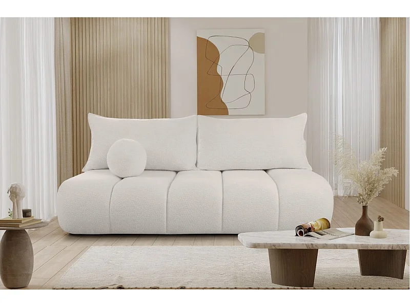 Canapé convertible droit 3 places MERRY en tissu bouclette - blanc cassé