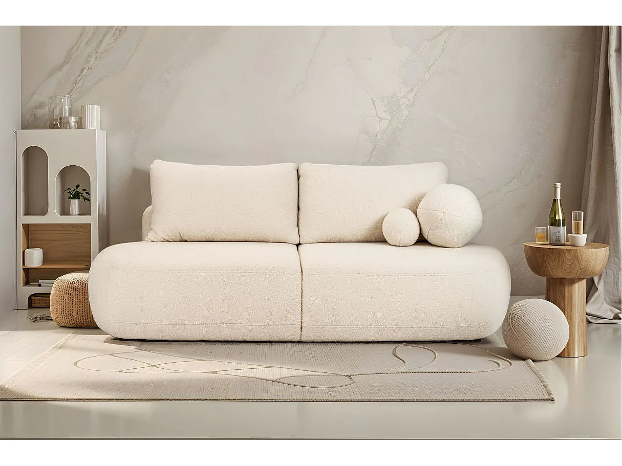 Canapé convertible droit 4 places FABIO en tissu bouclette - blanc cassé