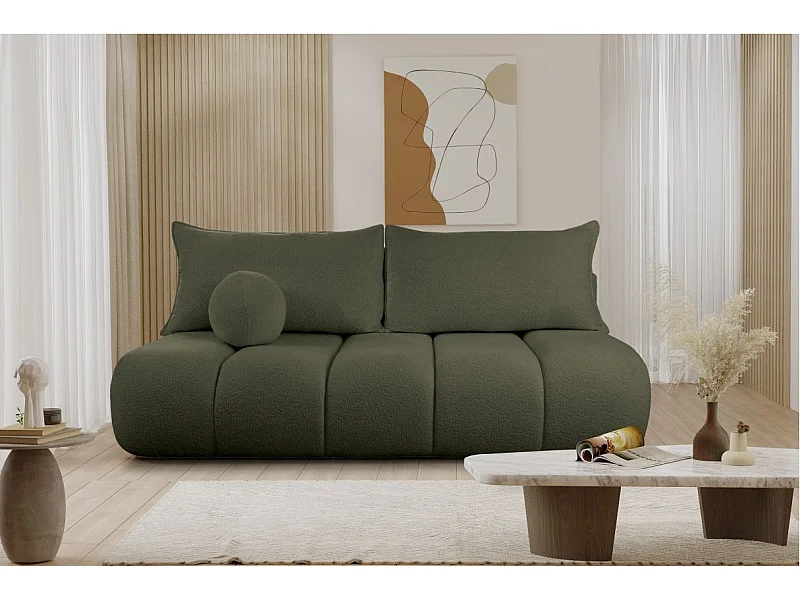 Canapé convertible droit 3 places MERRY en tissu bouclette - vert foncé