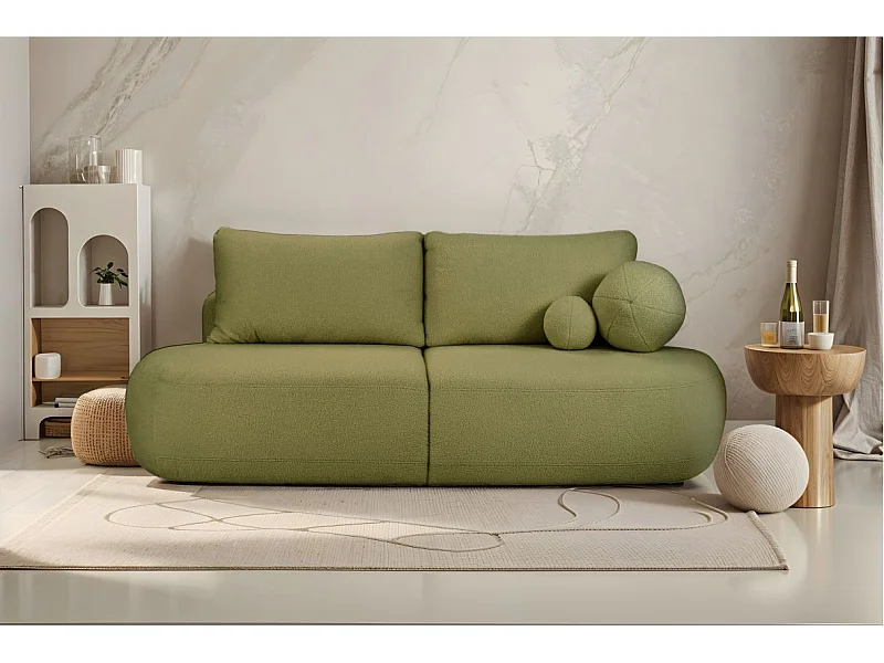 Canapé convertible droit 4 places FABIO en tissu bouclette - vert kaki