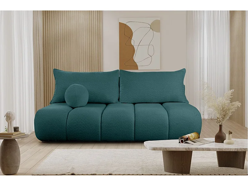 Canapé convertible droit 3 places MERRY en tissu bouclette - bleu canard