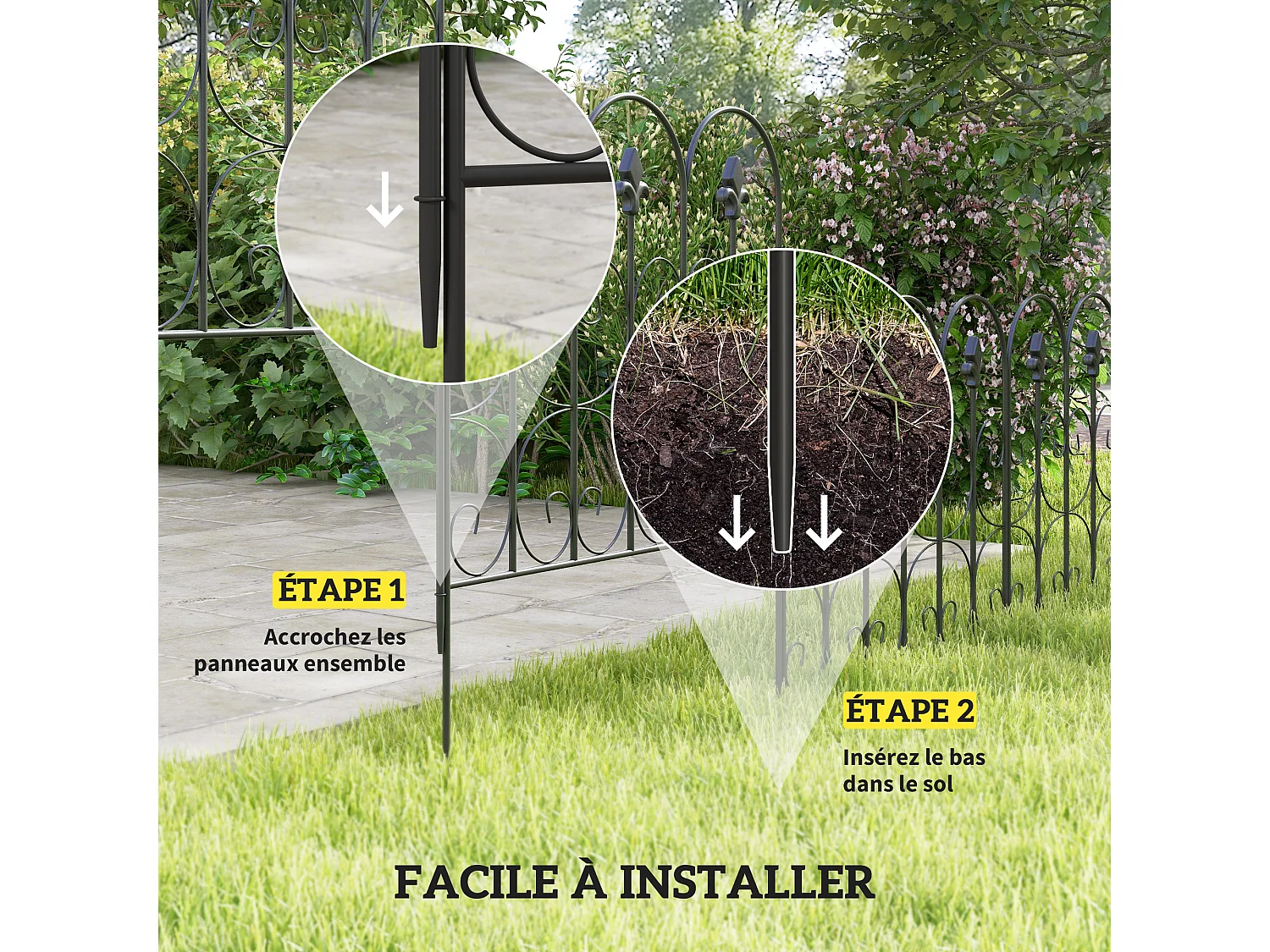 Clôture bordure de jardin dim. totales 307L x 83H cm métal époxy noir