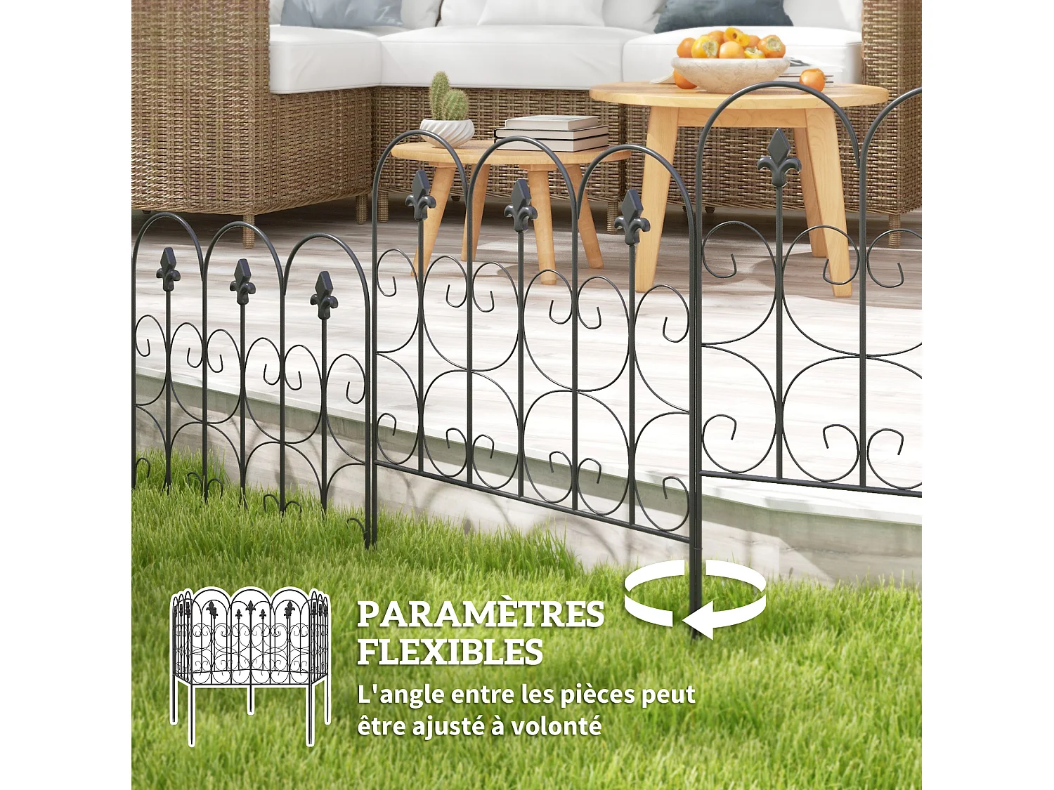 Clôture bordure de jardin dim. totales 307L x 83H cm métal époxy noir