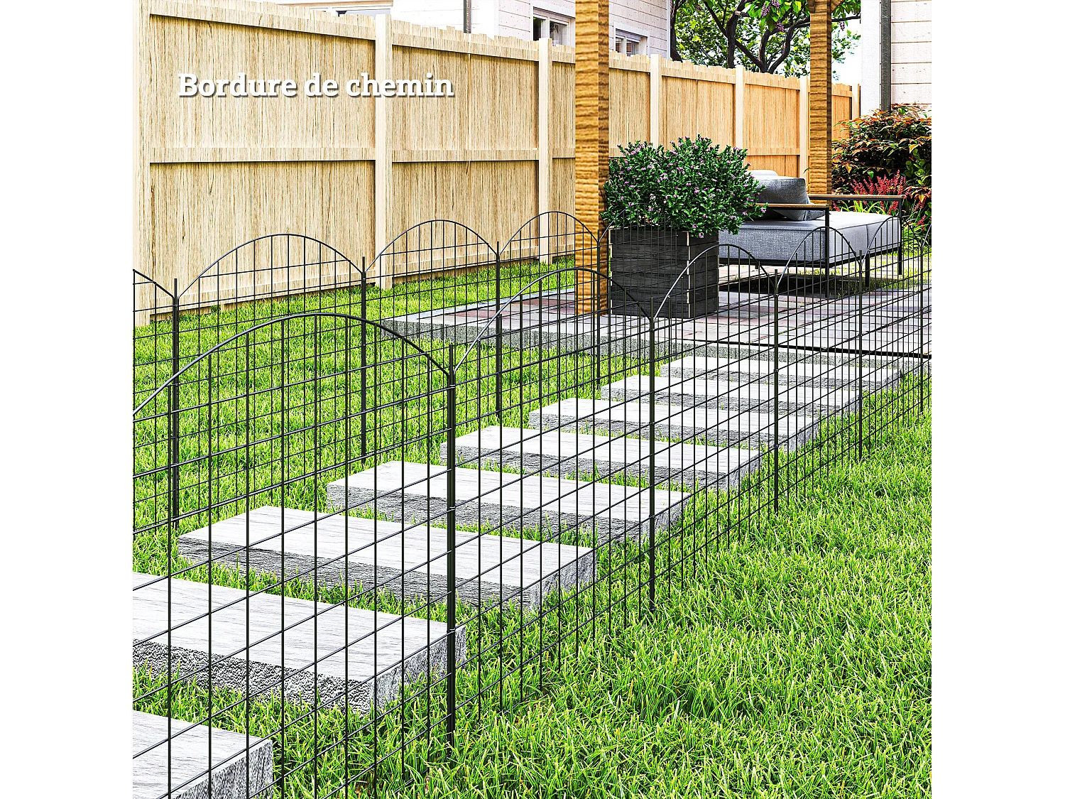 Lot de 6 panneaux de clôture de jardin dim. totales 4,60L x 0,97H m acier thermolaqué noir