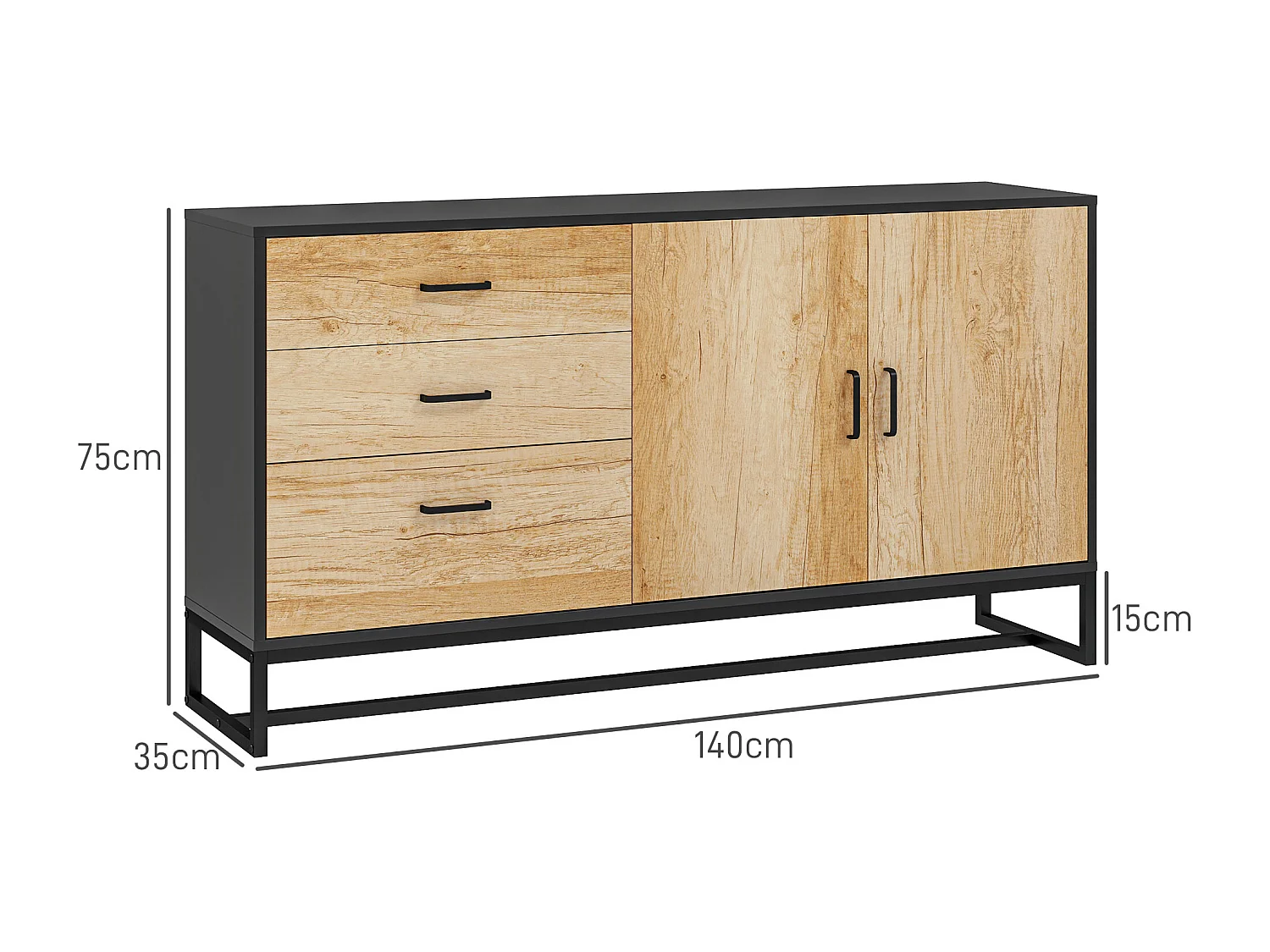 Buffet 2 portes étagère 3 tiroirs poignées alu piètement acier noir effet bois