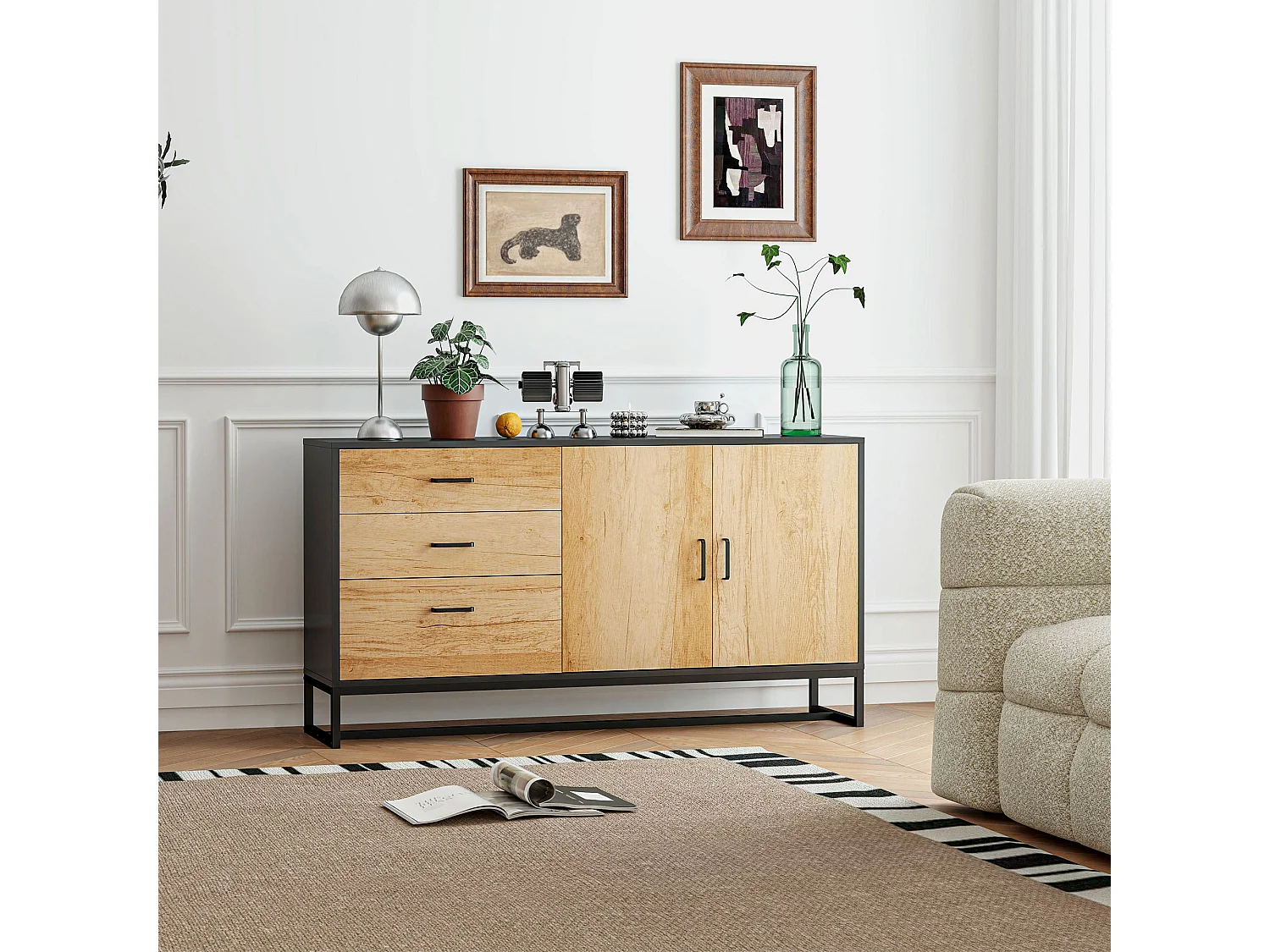 Buffet 2 portes étagère 3 tiroirs poignées alu piètement acier noir effet bois