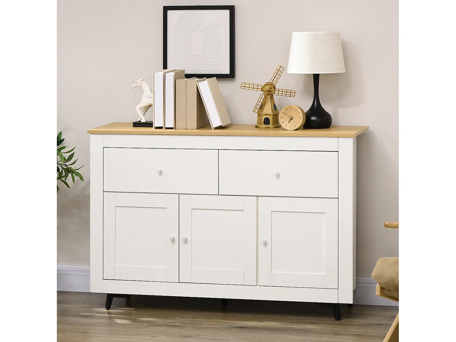 Buffet 2 tiroirs 3 portes étagère dim. 117 x 35 x 80 cm poignées alu effet bois clair blanc