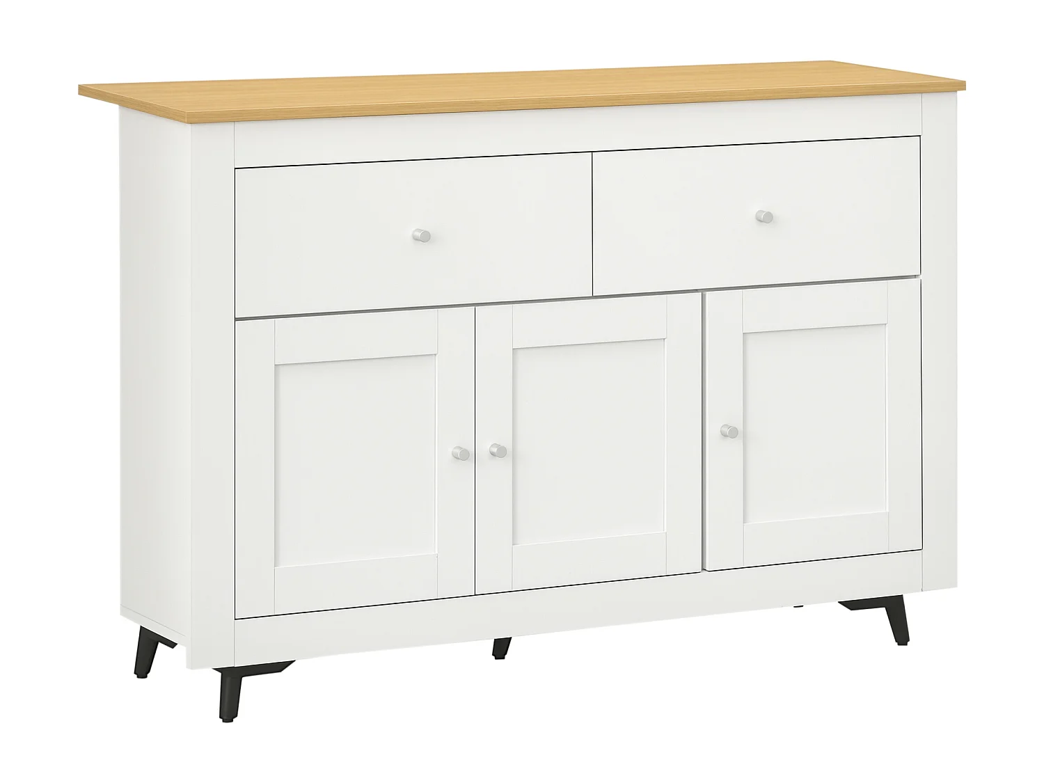 Buffet 2 tiroirs 3 portes étagère dim. 117 x 35 x 80 cm poignées alu effet bois clair blanc