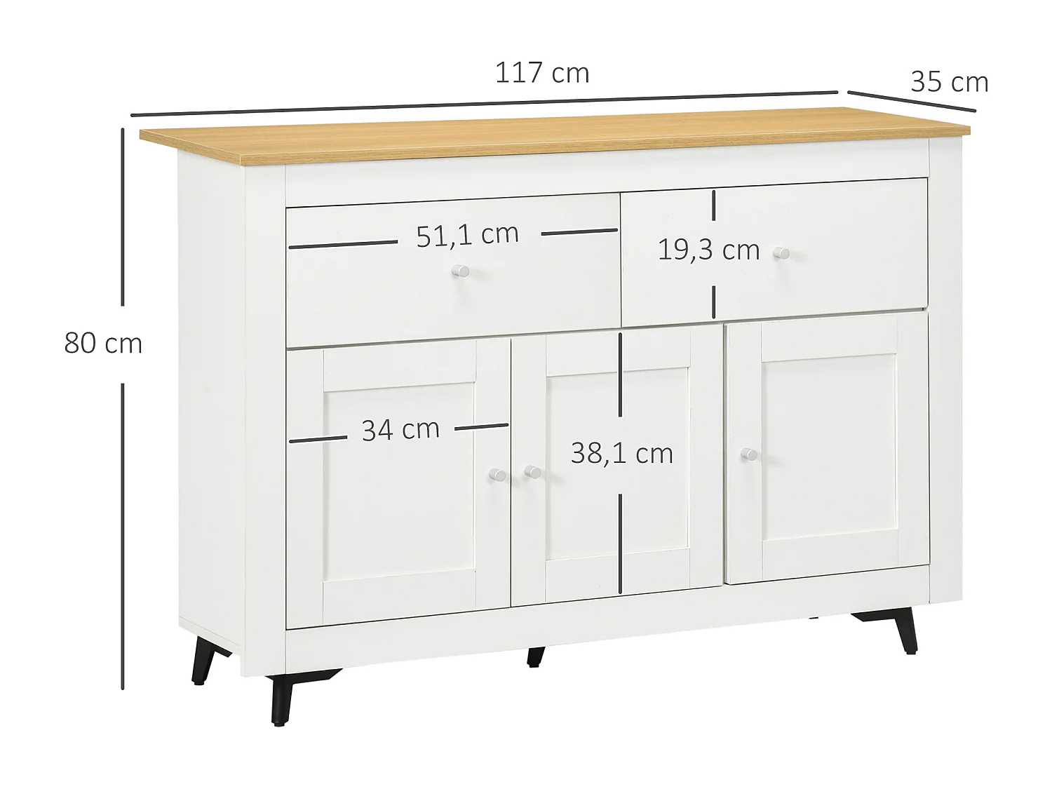 Buffet 2 tiroirs 3 portes étagère dim. 117 x 35 x 80 cm poignées alu effet bois clair blanc