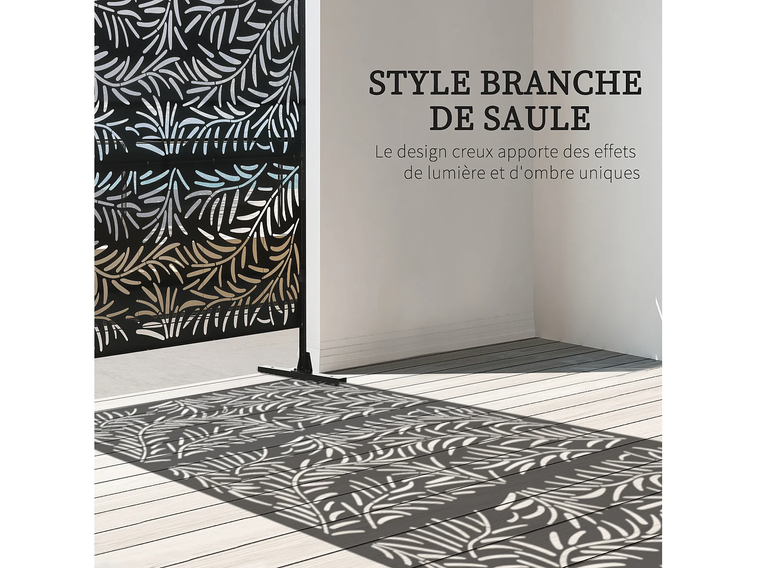 Panneau brise vue décoratif paravent extérieur motif végétal feuilles saule 122 x 198 cm acier thermolaqué noir