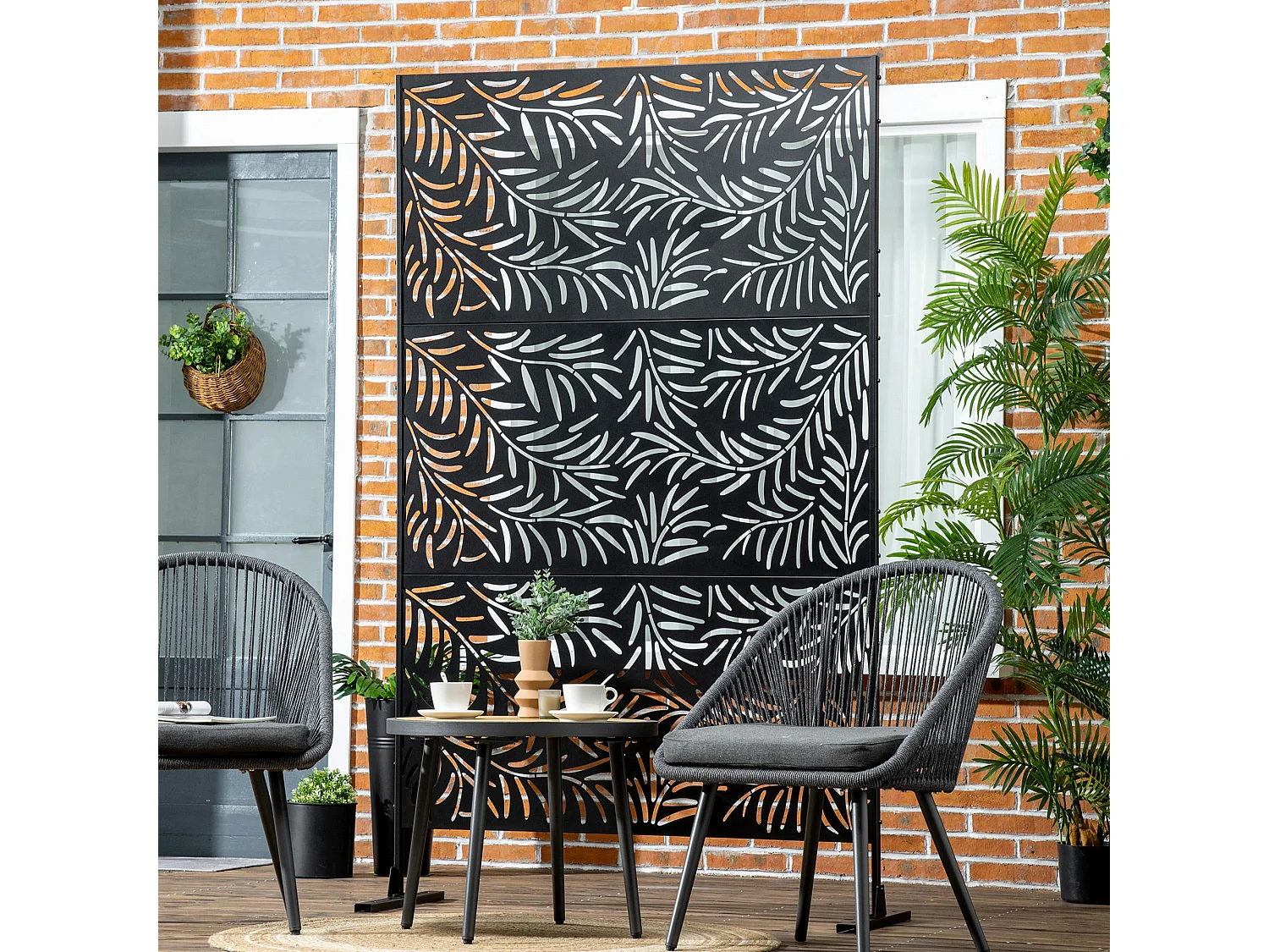 Panneau brise vue décoratif paravent extérieur motif végétal feuilles saule 122 x 198 cm acier thermolaqué noir