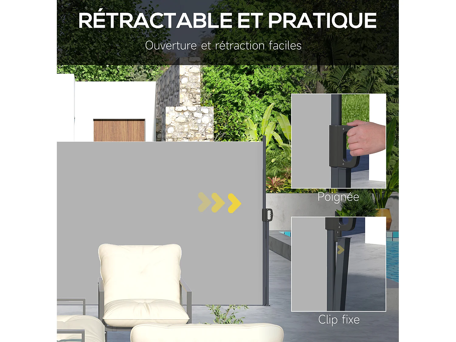 Store latéral brise-vue paravent rétractable de jardin dim. 3 x 2 m alu. polyester gris clair