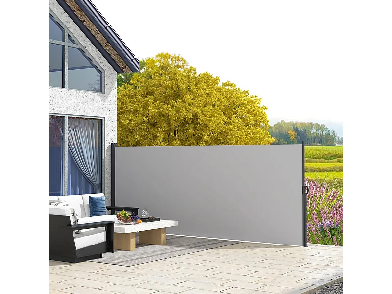Store latéral brise-vue paravent rétractable de jardin dim. 3 x 2 m alu. polyester gris clair