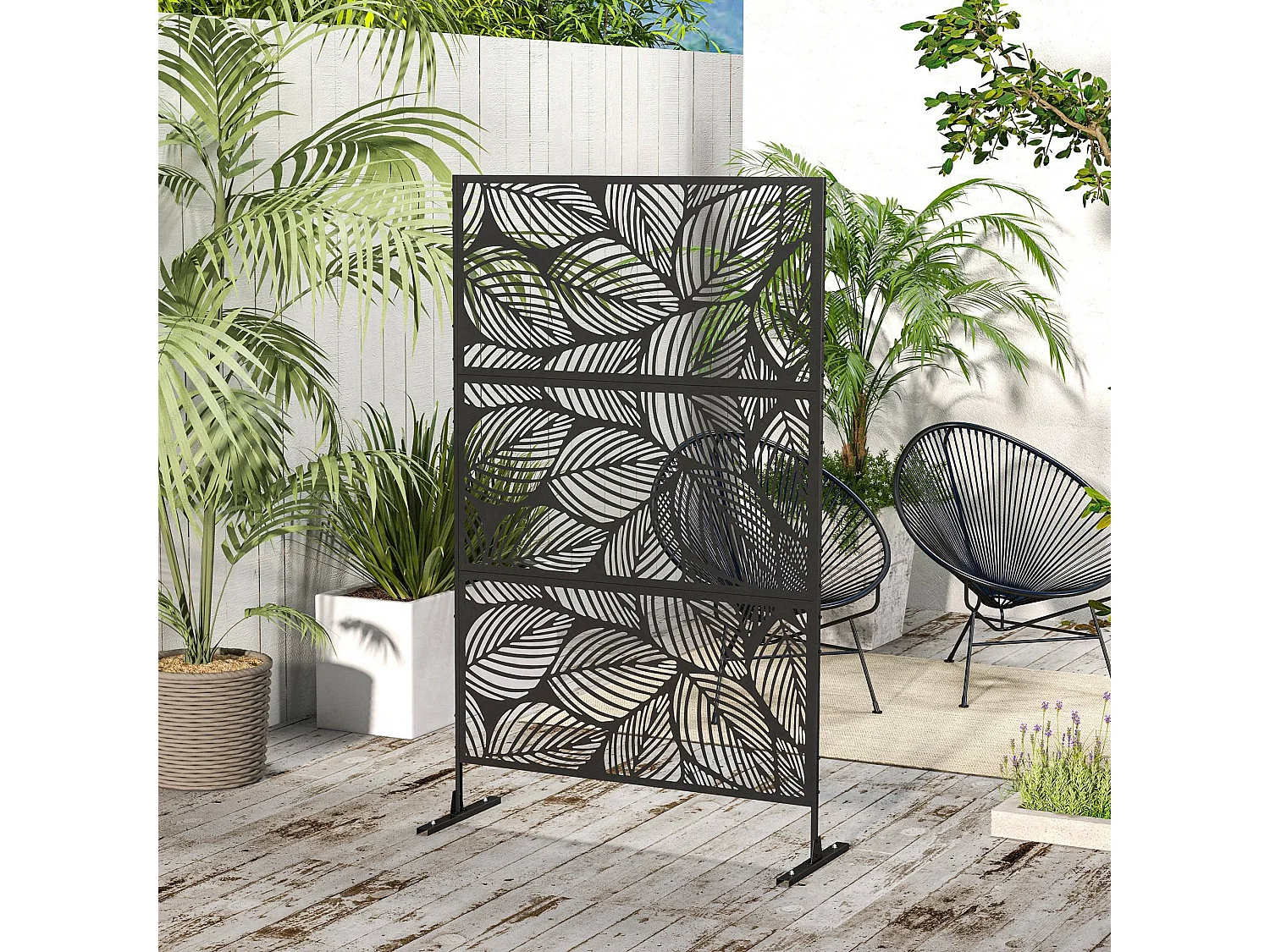 Panneau brise vue décoratif paravent extérieur motif végétal métal noir